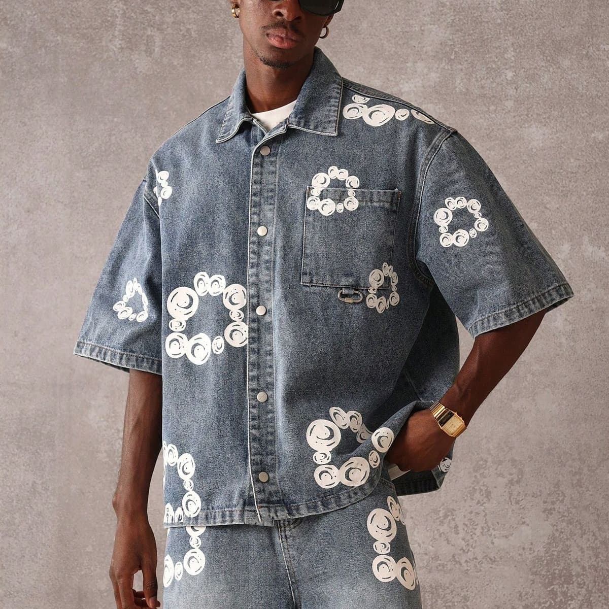 Abstract Embroidered Denim Shirt